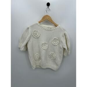 Joie Sweater Women Medium Cream Knit Short Sleeve Boxy Embroidery Flowers